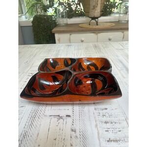 Vintage‎ mid century hand carved wooden compartmented bowl.